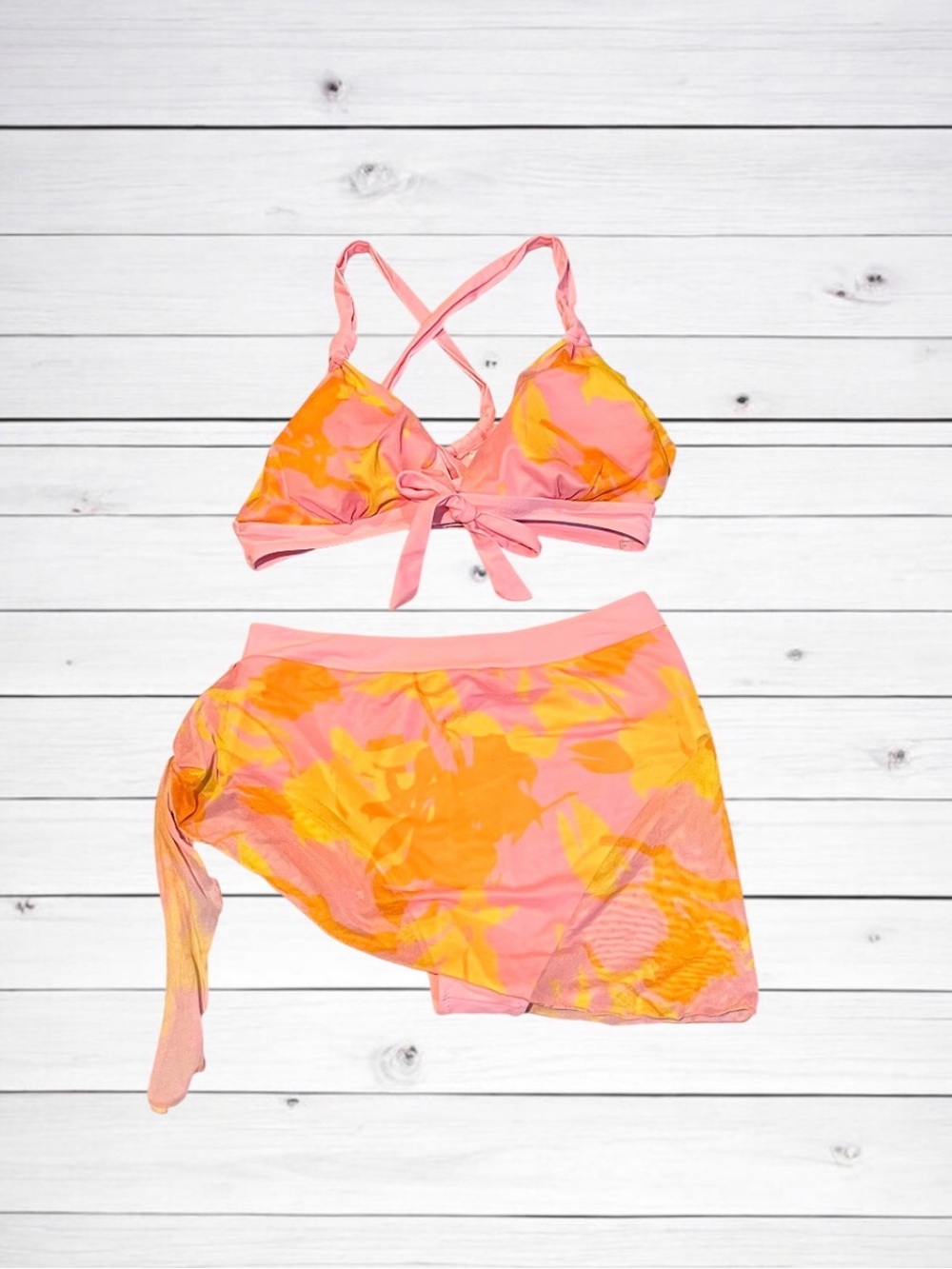 NEW Beachsissi Pink Orange Floral 2-Piece Bikini & Matching Sarong Skirt Set
